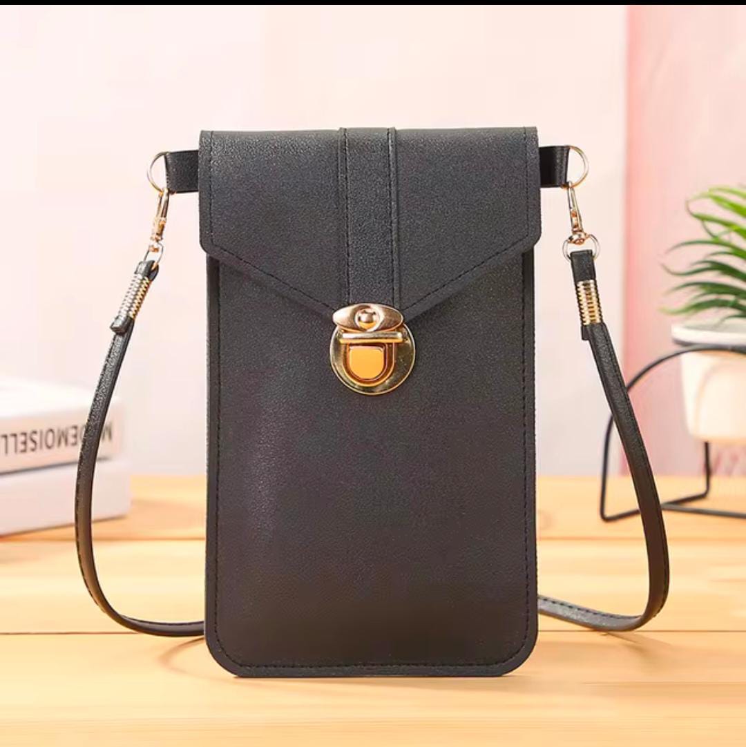 PU Leather Phone Holder With Neck Strap Wallets Touch Screen Bags (Black)